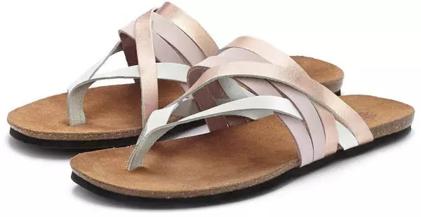 LASCANA Zehentrenner Sandale, Pantolette aus Leder mit Korkfußbett