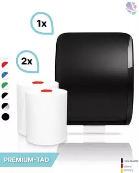 Blanc Hygienic Cosmos Autocut Handtuchrollenspender-Set + 2 Handtuchrollen Premium TAD, schwarz (PS-htz100-FS-3100S)