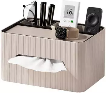 LuxusKollektion Kosmetiktücherbox mit Ablage und 2 Fächern, rechteckig, beige, Kunstleder