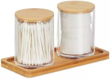 Relaxdays Wattest&auml;bchenbeh&auml;lter mit Tablett, 2 Becher mit Deckel, Kunststoff/Bambus, transparent/natur