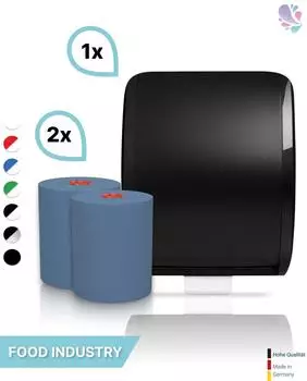 Blanc Hygienic Cosmos Autocut Handtuchrollenspender schwarz + 2 Classico Handtuchrollen blau (PS-htz108k-B-FS-3100S)