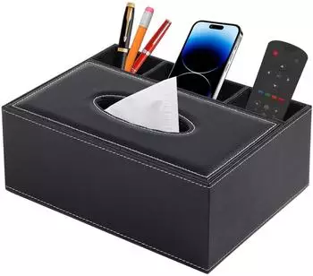 LuxusKollektion Taschentuchbox mit Fernbedienungshalter, Kunstleder, rechteckig, schwarz, 25x18,5x10cm