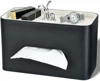 LuxusKollektion Kosmetiktücherbox mit Ablagefach und Telefonhalter, Kunstleder, schwarz
