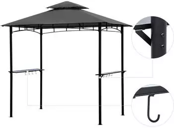 Sekey Grillpavillon 245 x 150 x 250 cm mit Ablagen & Doppeldach UV-Schutz 50+ grau