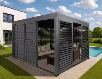 MCW Alu Pergola -L46 Pavillon Terrassenüberdachung 7x Lamellenpaneel 7x Schiebetüren 11cm-Gestell 3x4m anthrazit