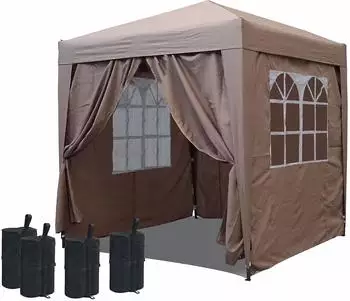 QUICK STAR Pop-Up-Pavillon 2 x 2 m Graubeige mit 4 Fußgewichten und mit 4 Seitenwänden