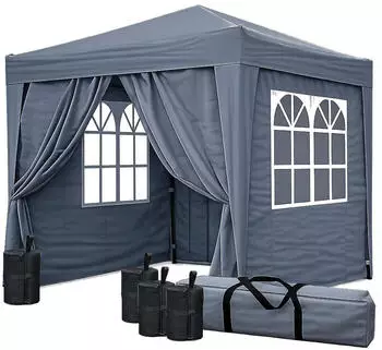 QUICK STAR Faltpavillon Pop Up 2,5x2,5m Smoky Grau mit 4 Seitenteilen & Fu&szlig;gewichten (47658)
