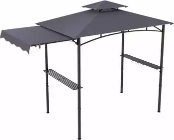 Costway Grillpavillon mit Seitenmarkise, Doppeldach, 2 Seitenregalen, 318x153x250cm, dunkelgrau