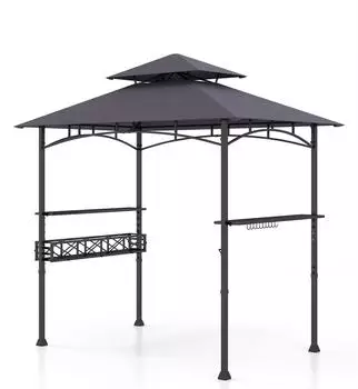 Costway Grillpavillon mit Doppeldach, Seitenregalen & Metallkorb, 242x153x250cm, dunkelgrau