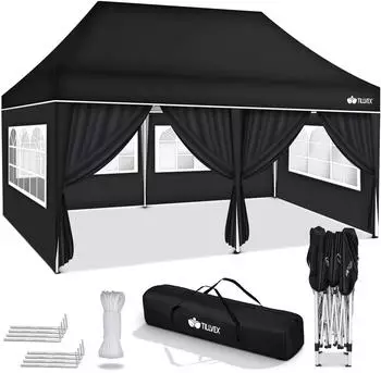 tillvex Faltpavillon 3x6m schwarz, 6 Seitenwände, UV-Schutz 50+, wasserdicht (TVGP-035)