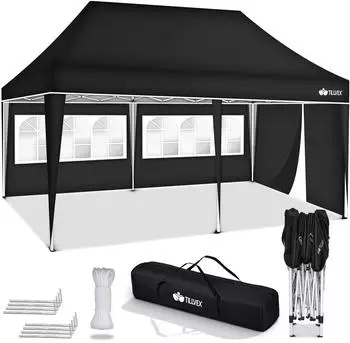 tillvex Faltpavillon 3x6m schwarz wasserdicht UV 50+ mit 3 Seitenwänden (TVGP-029)