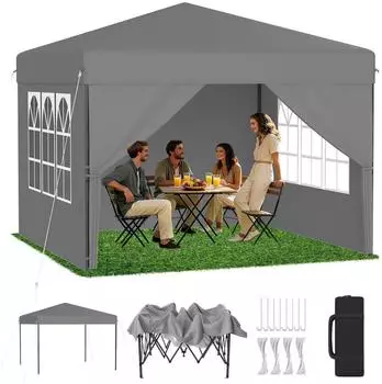 LuxusKollektion Pop-Up Pavillon 3x3m One-Touch Lift, silbergrau, mit 4 Seitenw&auml;nden