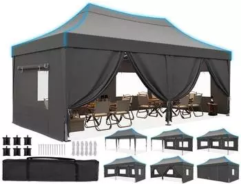 Quictent Faltpavillon 3x6m mit Seitenw&auml;nden, UV-Schutz 50+, Stahlrahmen, grau