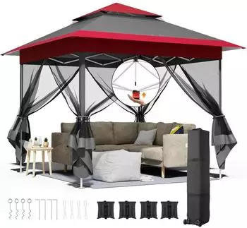LuxusKollektion Faltpavillon 3,3x3,3m Doppeldach, Moskitonetz, UV50+, wasserdicht, rot/grau