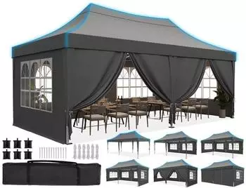Quictent Faltpavillon 3x6m Spitzdach mit Seitenw&auml;nden, UV-Schutz 50+, wasserdicht, grau