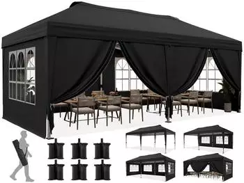 Quictent Faltpavillon 3x6m Pop-Up mit 6 Seitenw&auml;nden, UV-Schutz 50+, Stahlrahmen, schwarz
