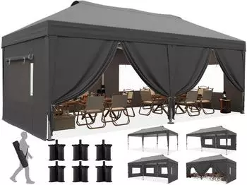 LuxusKollektion Faltpavillon 3x6m wasserdicht mit Seitenw&auml;nden und Insektenschutz, grau