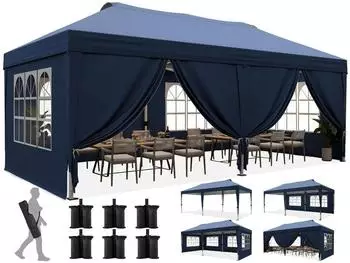 Quictent Faltpavillon Pop-Up 3x6m, 6 Seitenw&auml;nde, UV-Schutz 50+, blau, Stahlrahmen
