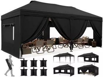 Quictent Faltpavillon 3x6m wasserdicht mit Seitenw&auml;nden, UV-Schutz 50+, Stahlrahmen, schwarz