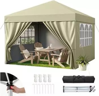 LuxusKollektion Faltpavillon 3x3m wasserdicht UV50+ mit 4 Seitenteilen, beige