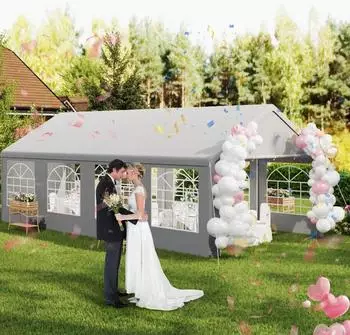 LuxusKollektion Partyzelt 4x8m, grau, wasserdicht, UV-best&auml;ndig, 6 Seitenw&auml;nde mit Fenstern