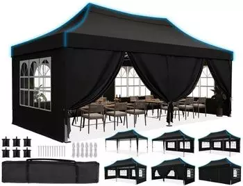 LuxusKollektion Faltpavillon 3x6m Spitzdach mit Seitenw&auml;nden, Stahlrahmen, schwarz, UV50+