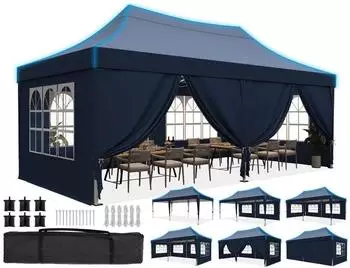 Quictent Faltpavillon 3x6m Spitzdach mit Seitenw&auml;nden blau UV-Schutz 50+