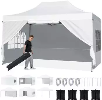 Costway Pop-up Faltpavillon 3x4,5m wasserdicht mit 4 Seitenw&auml;nden, wei&szlig; (ZB34044IT)