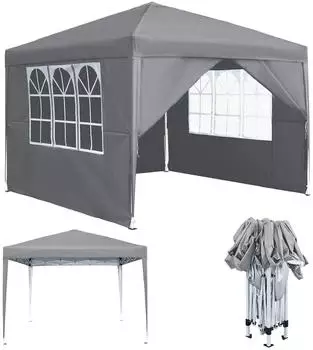 LuxusKollektion Faltpavillon 2,5x2,5m grau, wasserdicht, 4 Seitenteile mit Fenstern