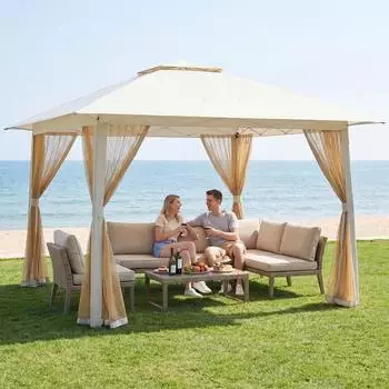 Costway Pop-Up Faltpavillon 4x4m mit Moskitonetz, Doppeldach, beige
