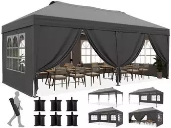 Quictent Faltpavillon Pop-Up 3x6m grau, 6 Seitenw&auml;nde, UV-Schutz 50+, Stahlrahmen