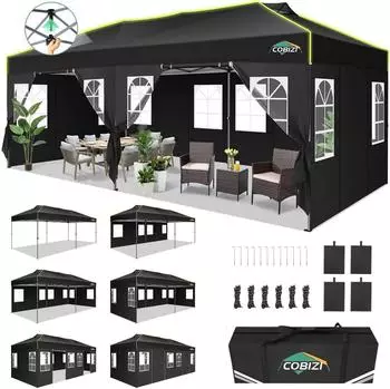 COBIZI Faltpavillon 3x6m, wasserdicht, 6 Seitenwände, UV-Schutz, schwarz