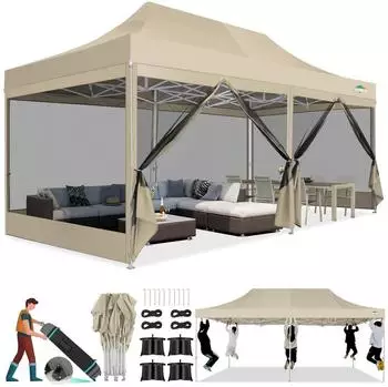 COBIZI Faltpavillon 3x6m mit Moskitonetz, UV-Schutz 50+, khaki, 420D Oxford
