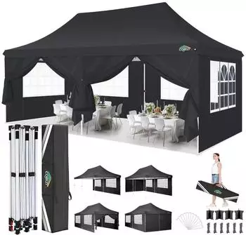 LuxusKollektion Faltpavillon 3x6m wasserdicht UV50+ 420D Oxford schwarz mit 6 Seitenw&auml;nden