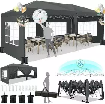 COBIZI Faltpavillon 3x6m mit 6 Seitenw&auml;nden, nebliges Grau, wasserdicht