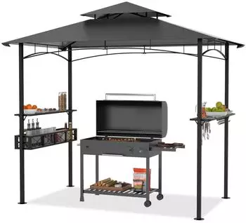 LuxusKollektion Grillpavillon 244x138x250cm mit Bartresen, Doppelschichtdach, UV-Schutz, grau