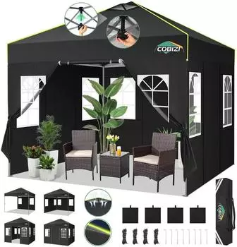 COBIZI Faltpavillon 3x3m wasserdicht, winterfest, 4 Seitenw&auml;nde, UV-Schutz, schwarz