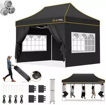 LuxusKollektion Faltpavillon 3x4,5m Sechskant-Gestell wasserdicht schwarz mit 4 Seitenteilen