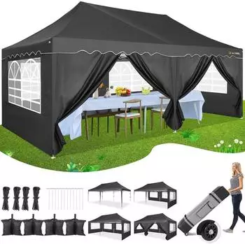 Gerster Faltpavillon 3x6m wasserdicht UV50+ mit 6 Seitenw&auml;nden, schwarz