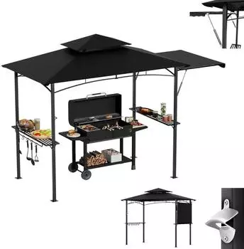 LuxusKollektion Grillpavillon mit Seitenmarkise, Doppeldach, Stahl, schwarz