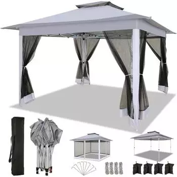 COBIZI Faltpavillon 3x3m Doppeldach mit Moskitonetz, grau