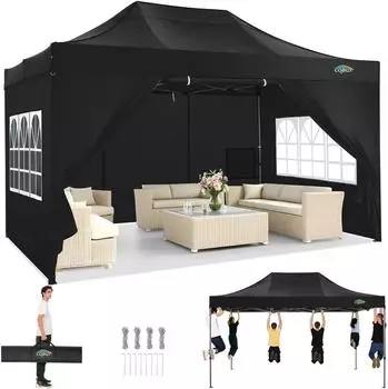LuxusKollektion Faltpavillon 3x4,5m wasserdicht UV50+ mit 4 Seitenteilen, schwarz