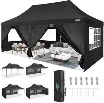 LuxusKollektion Faltpavillon 3x6m schwarz mit 6 Seitenwänden, UV-Schutz 50+, wasserdicht