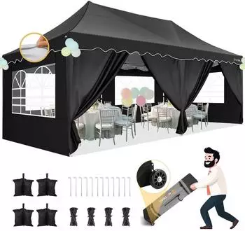 Gerster Pop-Up-Pavillon 3x6m, 6 Seitenw&auml;nde, UV-Schutz 50+, schwarz