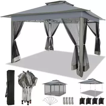 LuxusKollektion Faltpavillon 3,65x3,65m wasserdicht mit Moskitonetz, dunkelgrau