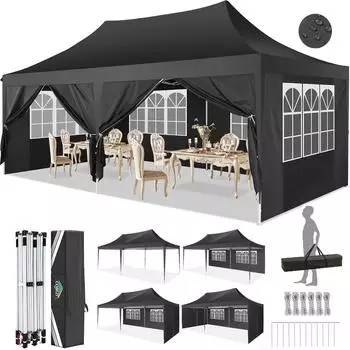 LuxusKollektion Faltpavillon 3x6m wasserdicht mit 6 Seitenteilen, UPF50+, schwarz