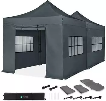 VONROC Easy-Up Faltpavillon 6x3m grau, mit Seitenw&auml;nden, UV50+ (S5_PT501XX_GREY)