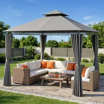 LuxusKollektion Pavillon 3x3m Doppeldach, 4 Seitenw&auml;nde, wasserdicht, UV-Schutz, Eisenrahmen, grau