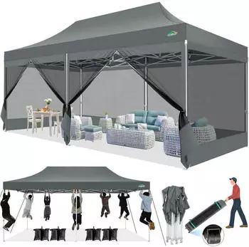 COBIZI Faltpavillon 3x6m wasserdicht UV-Schutz mit 6 Mesh-Seitenwänden, grau