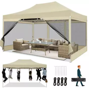 COBIZI Faltpavillon 3x4,5m mit 4 Seitenwänden & Moskitonetz, khaki, 420D Oxford, Anti-UV
